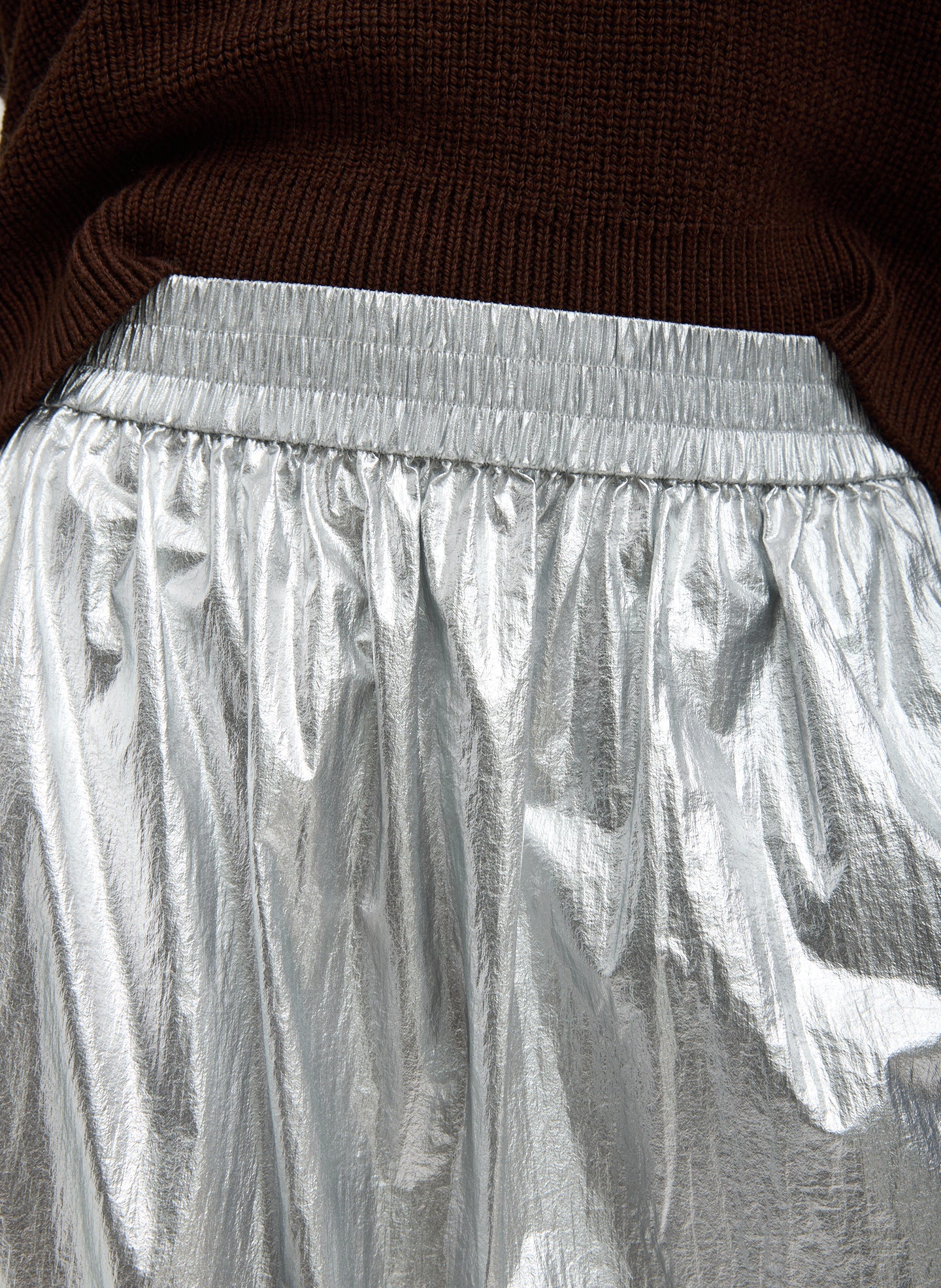 Tibi Silver Metallic Nylon Pull On Full Skirt