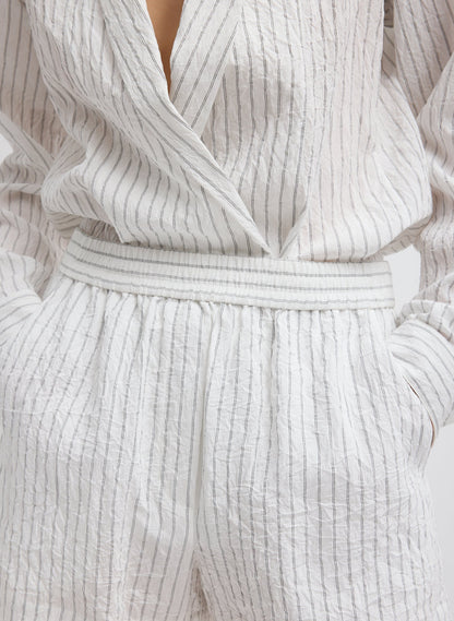 Tibi Crinkle Stripe Summer Suiting Pull On Shorts