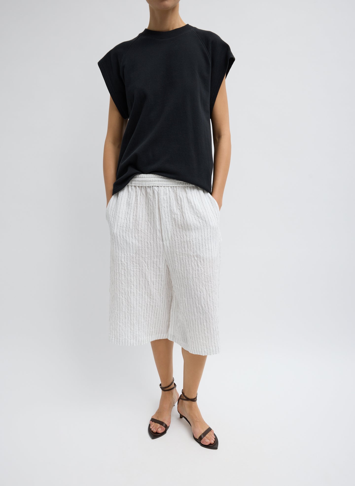 Tibi Crinkle Stripe Summer Suiting Relaxed Long Short