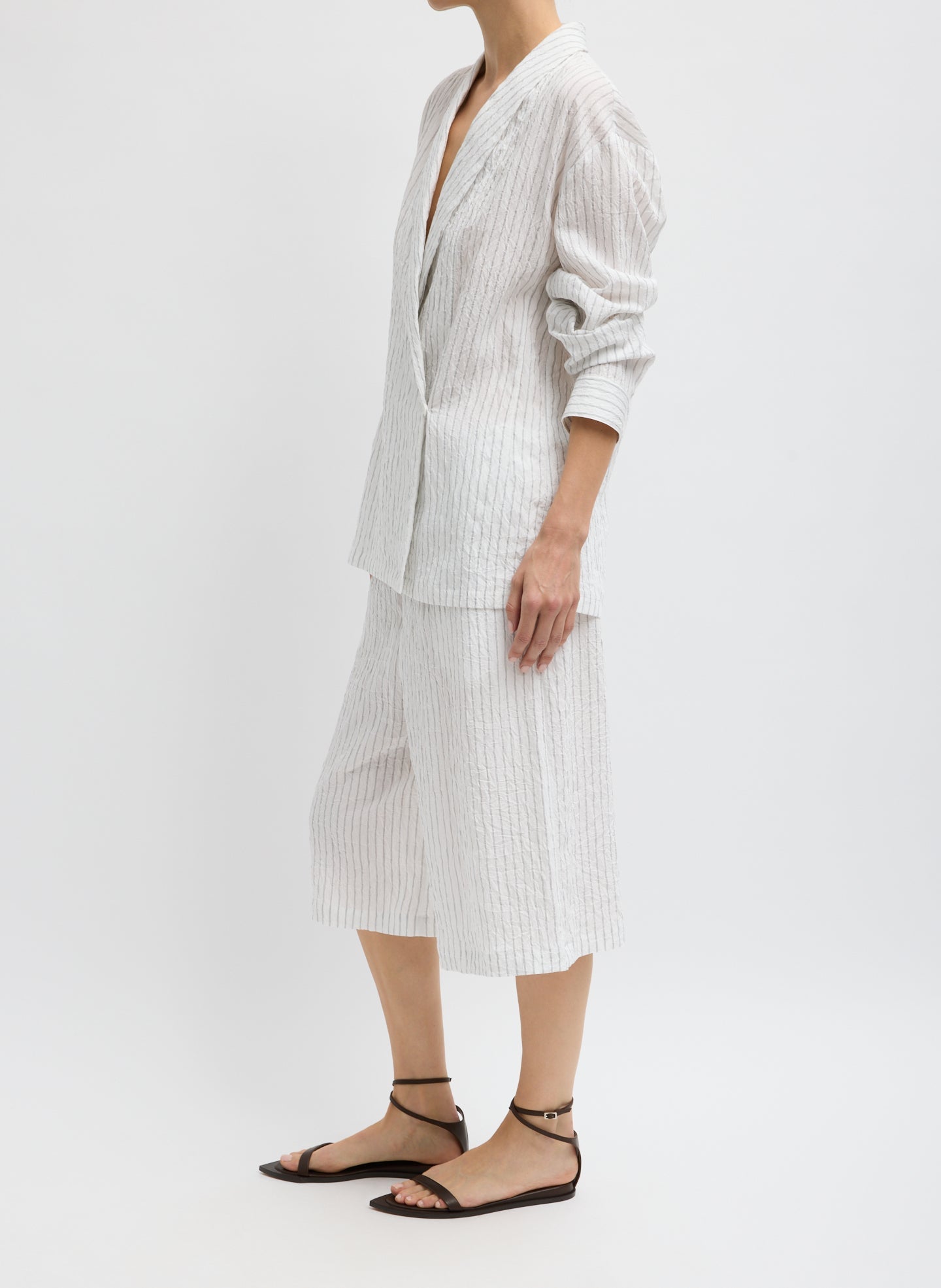 Tibi Crinkle Stripe Summer Suiting Relaxed Long Short