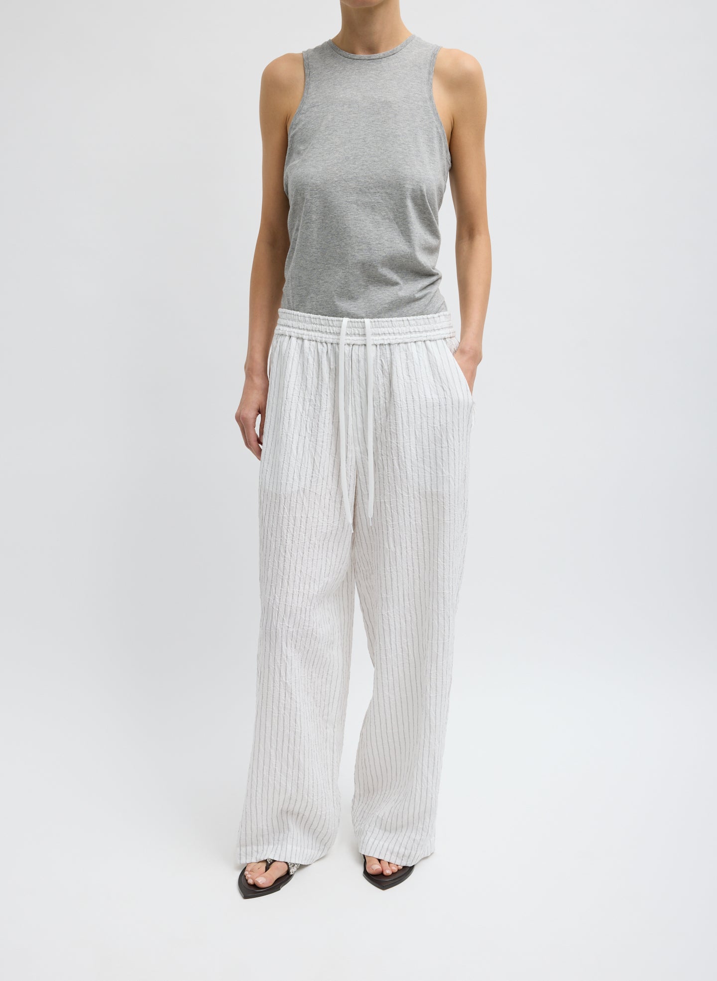 Tibi Crinkle Stripe Summer Suiting Wide Leg Pull On Pant