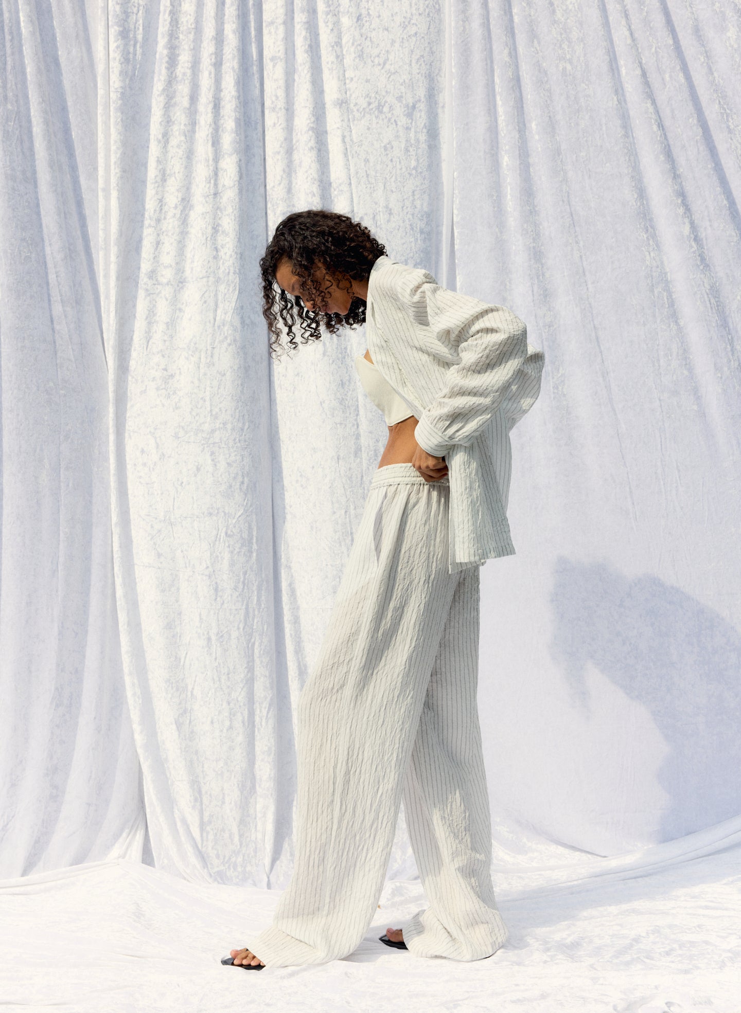 Tibi Crinkle Stripe Summer Suiting Wide Leg Pull On Pant
