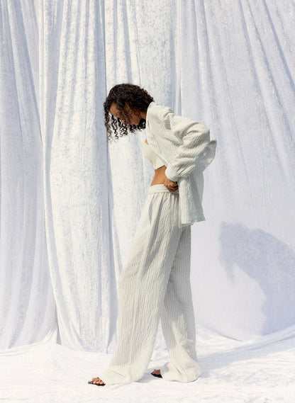 Tibi Crinkle Stripe Summer Suiting Wide Leg Pull On Pant