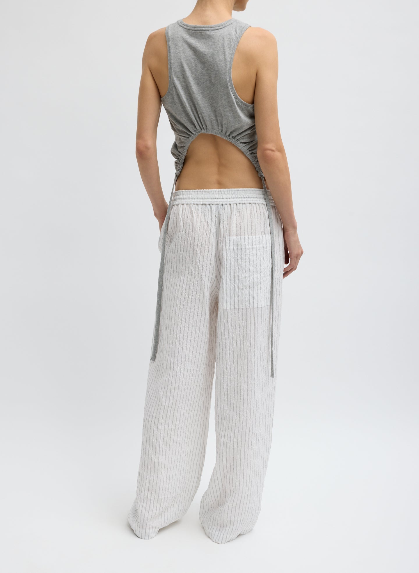 Tibi Crinkle Stripe Summer Suiting Wide Leg Pull On Pant