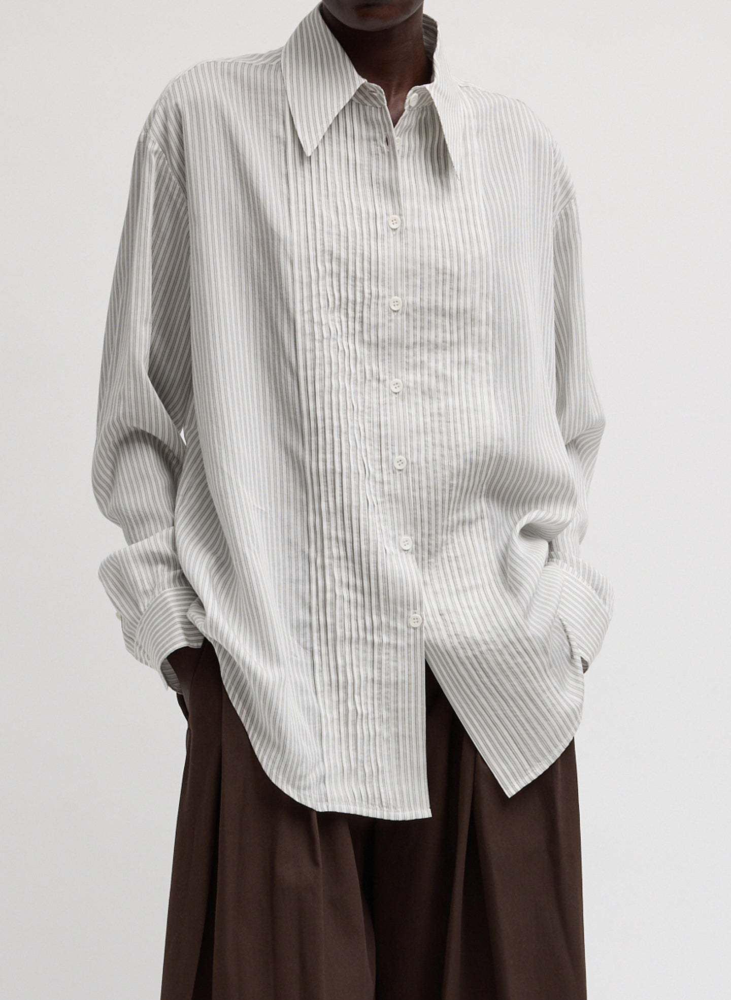 Tibi Ultra Light Silk Tencel Striped Pintucked Shirt