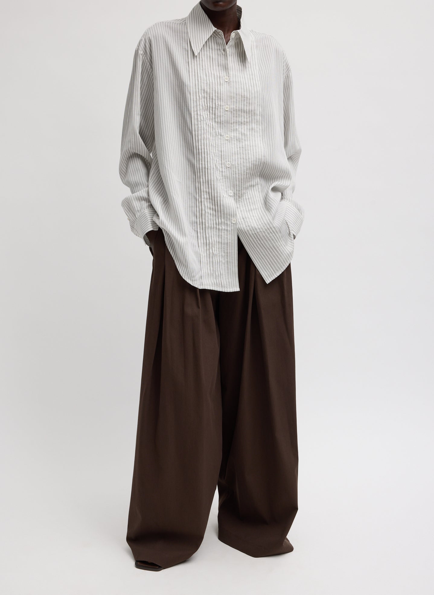 Tibi Ultra Light Silk Tencel Striped Pintucked Shirt