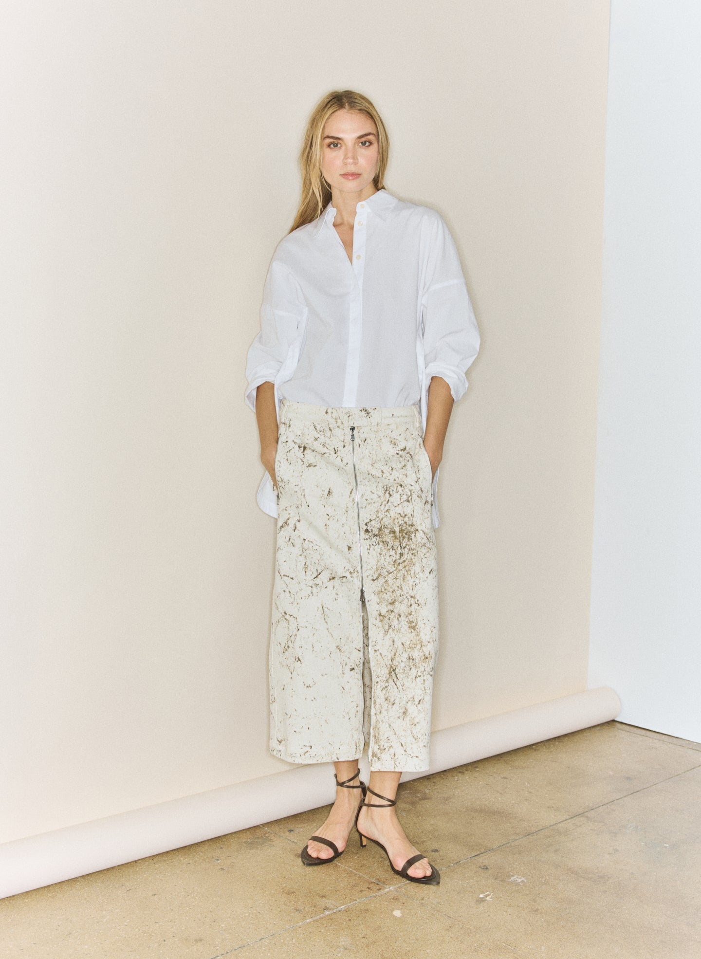 Tibi Calcimin Denim Midi Trouser Zip Skirt
