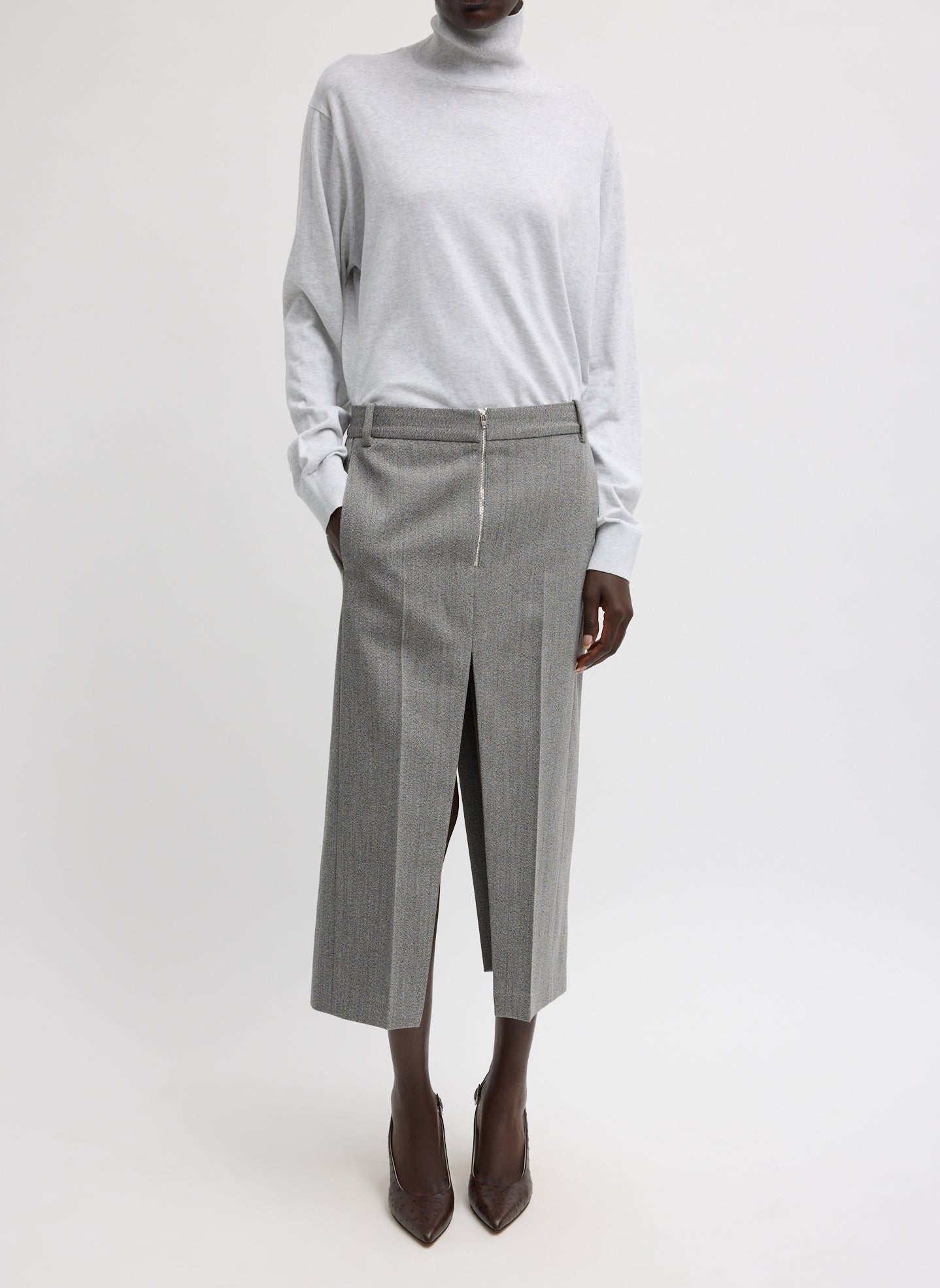 Tibi Structured Wool Zip Front Midi Trouser Skirt
