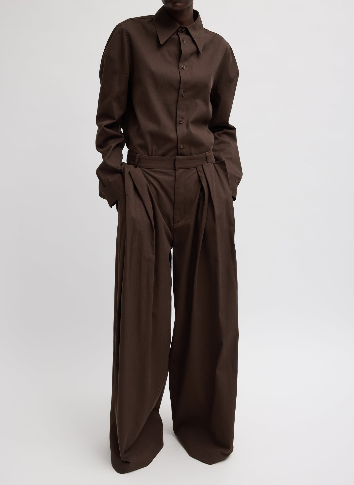Tibi Luxe Spring Twill Tucked Pleated Wide Leg Trouser