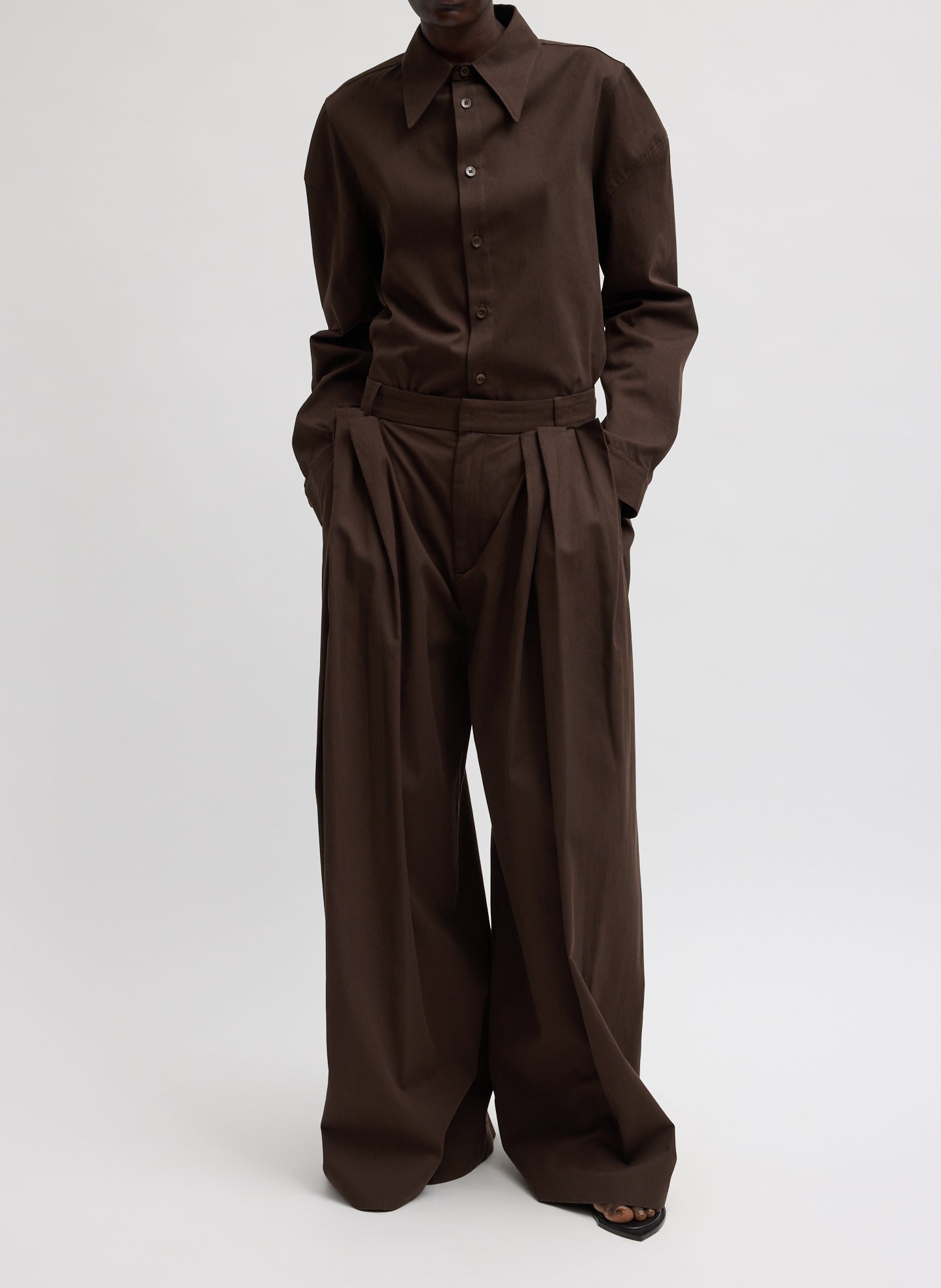 Tibi Luxe Spring Twill Tucked Pleated Wide Leg Trouser