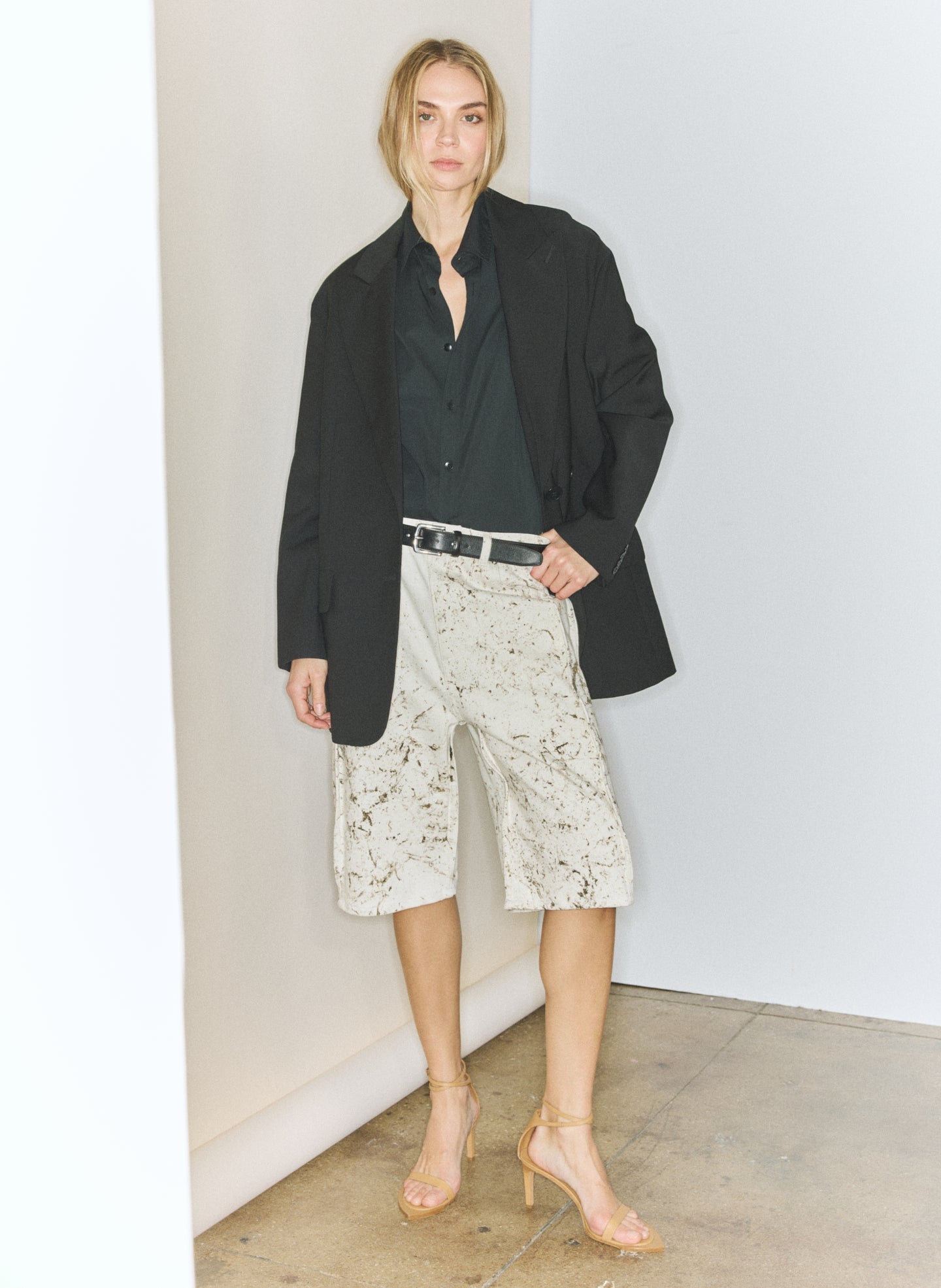 Tibi Calcimin Denim Tuck Jean Shorts