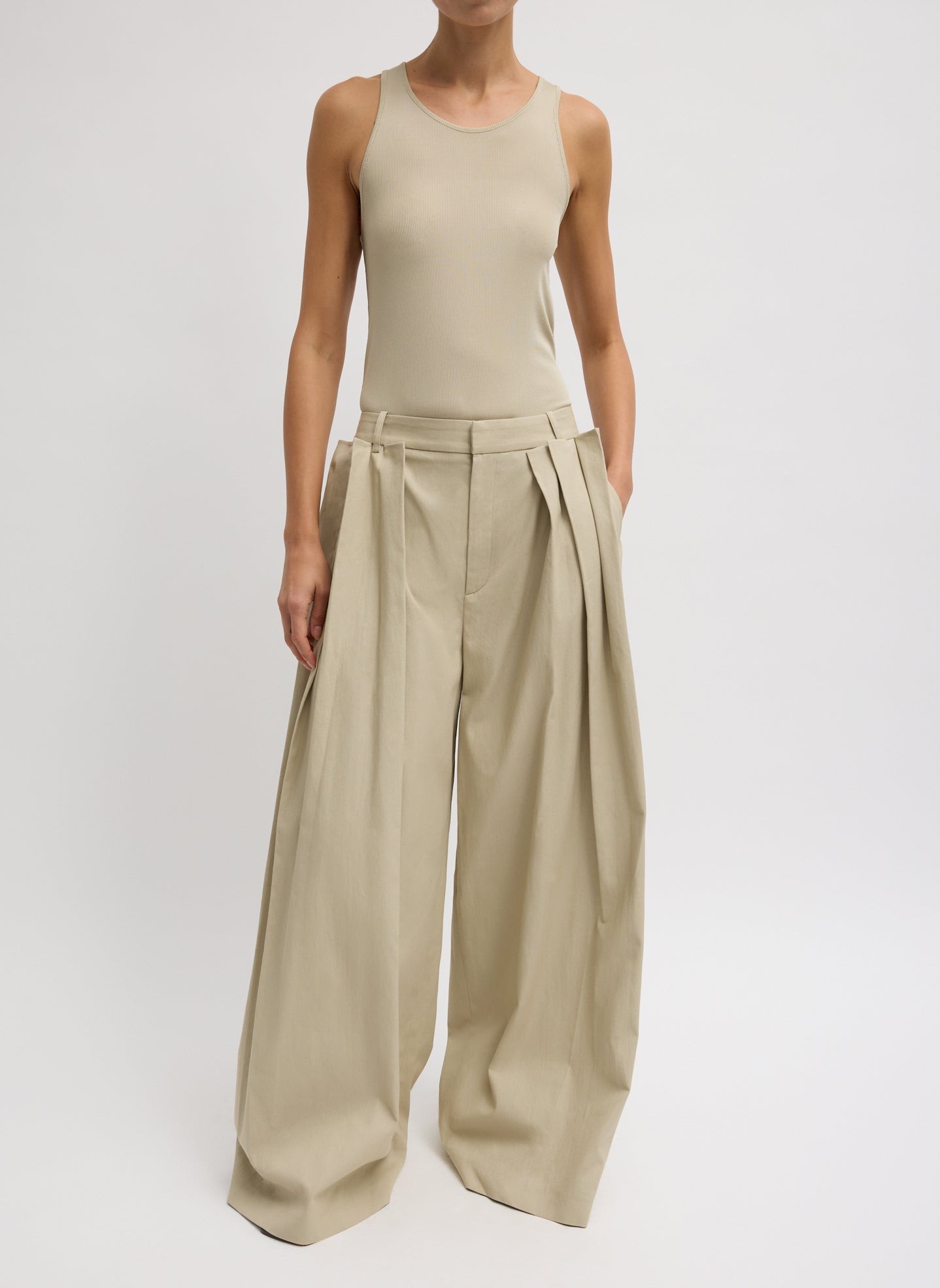 Tibi Luxe Spring Twill Tucked Pleated Wide Leg Trouser
