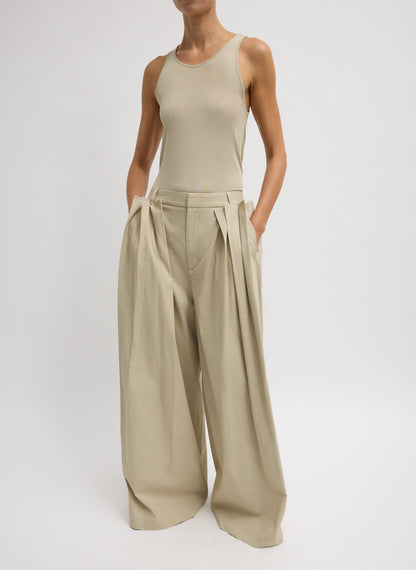 Tibi Luxe Spring Twill Tucked Pleated Wide Leg Trouser