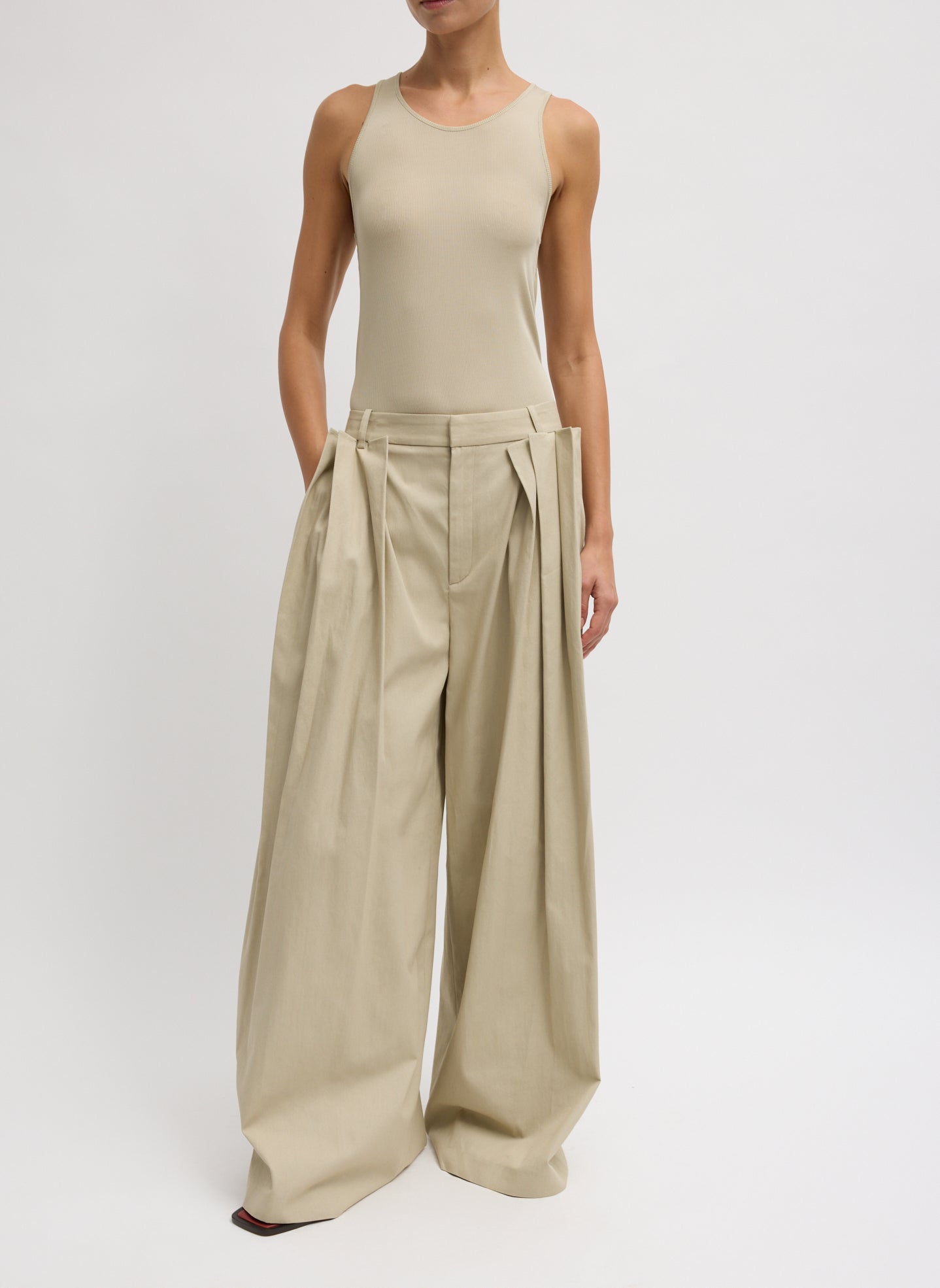 Tibi Luxe Spring Twill Tucked Pleated Wide Leg Trouser