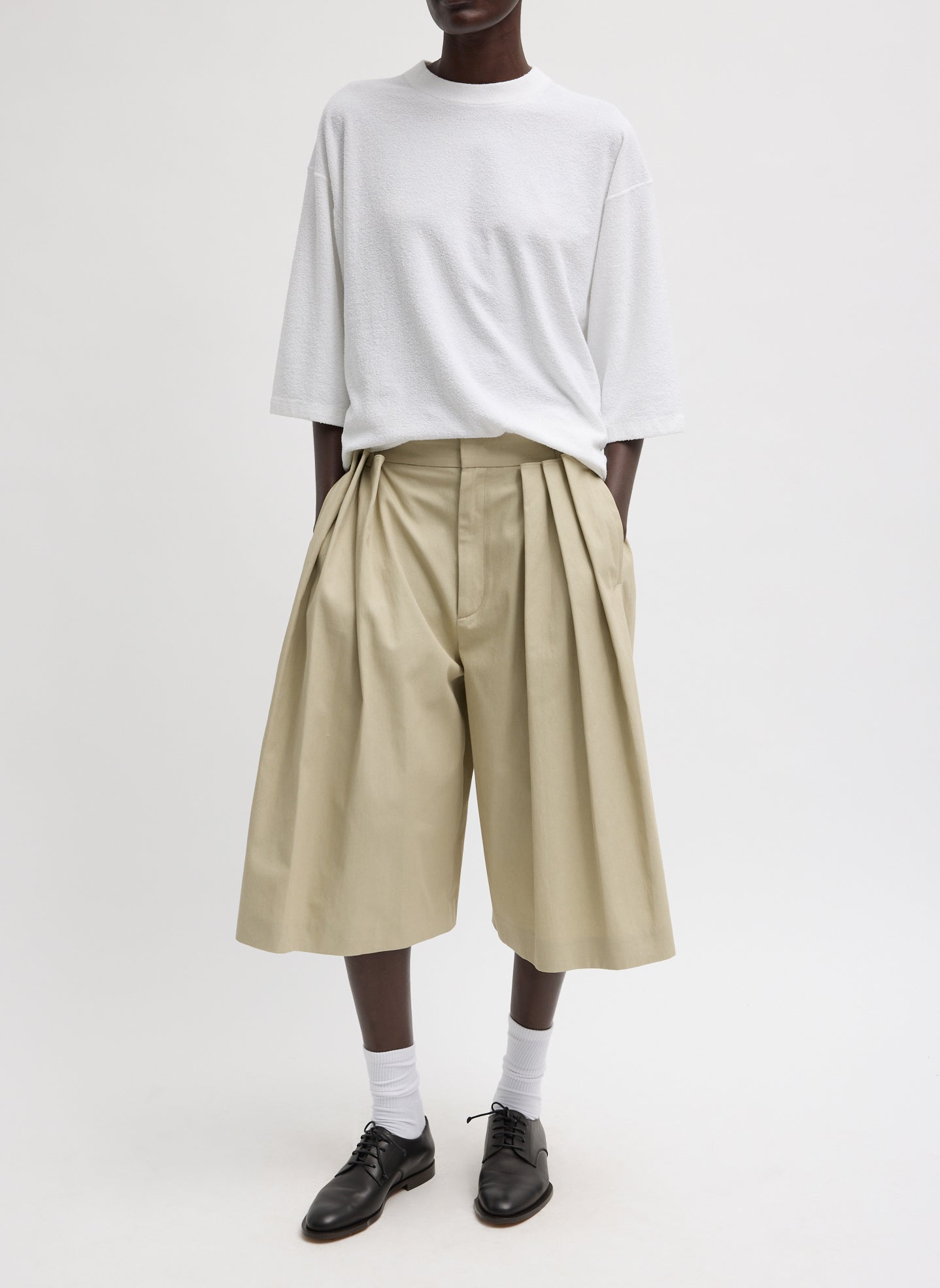 Tibi Luxe Spring Twill Tucked Pleated Wide Leg Short