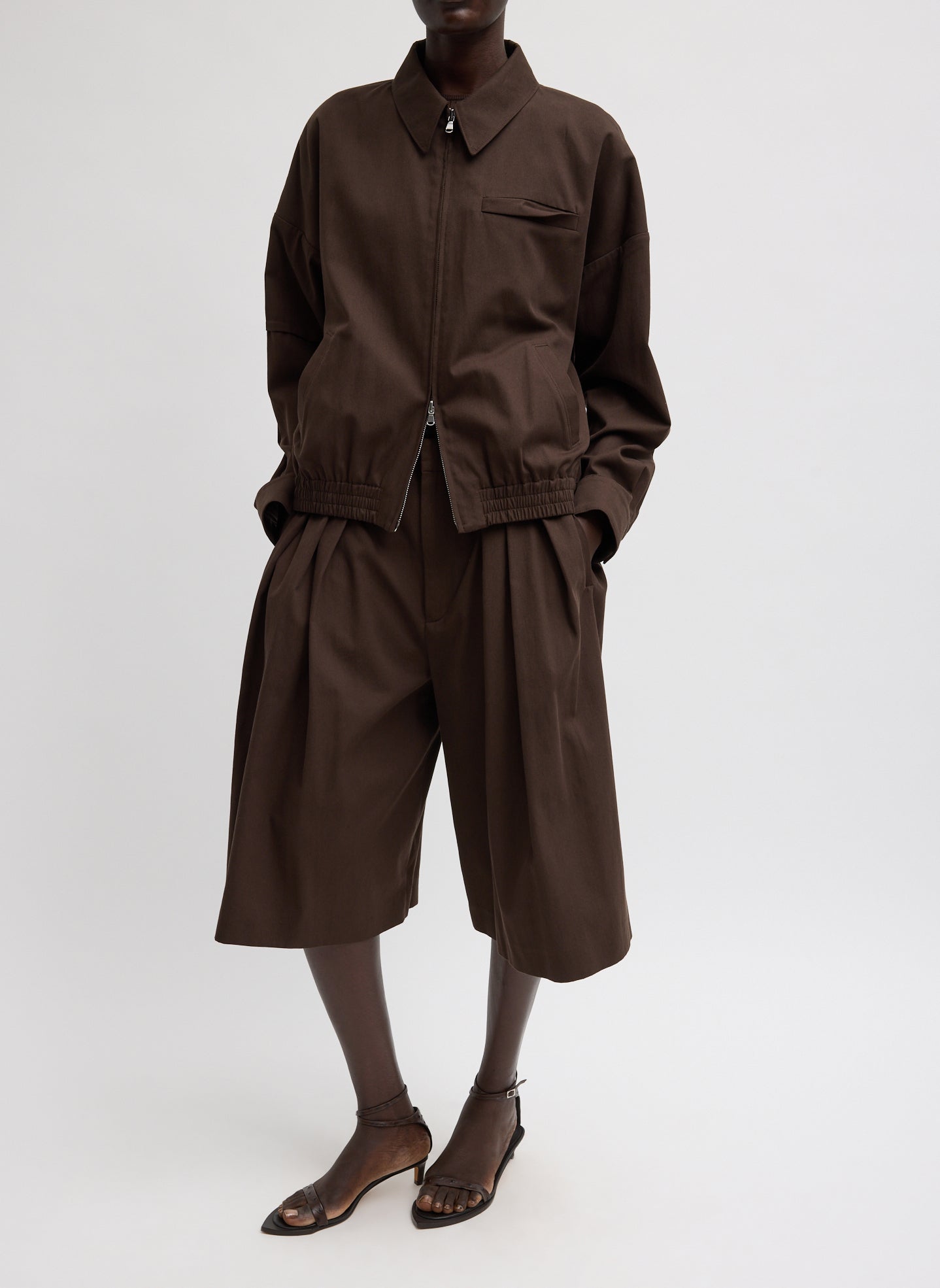 Tibi Luxe Spring Twill Tucked Pleated Wide Leg Short