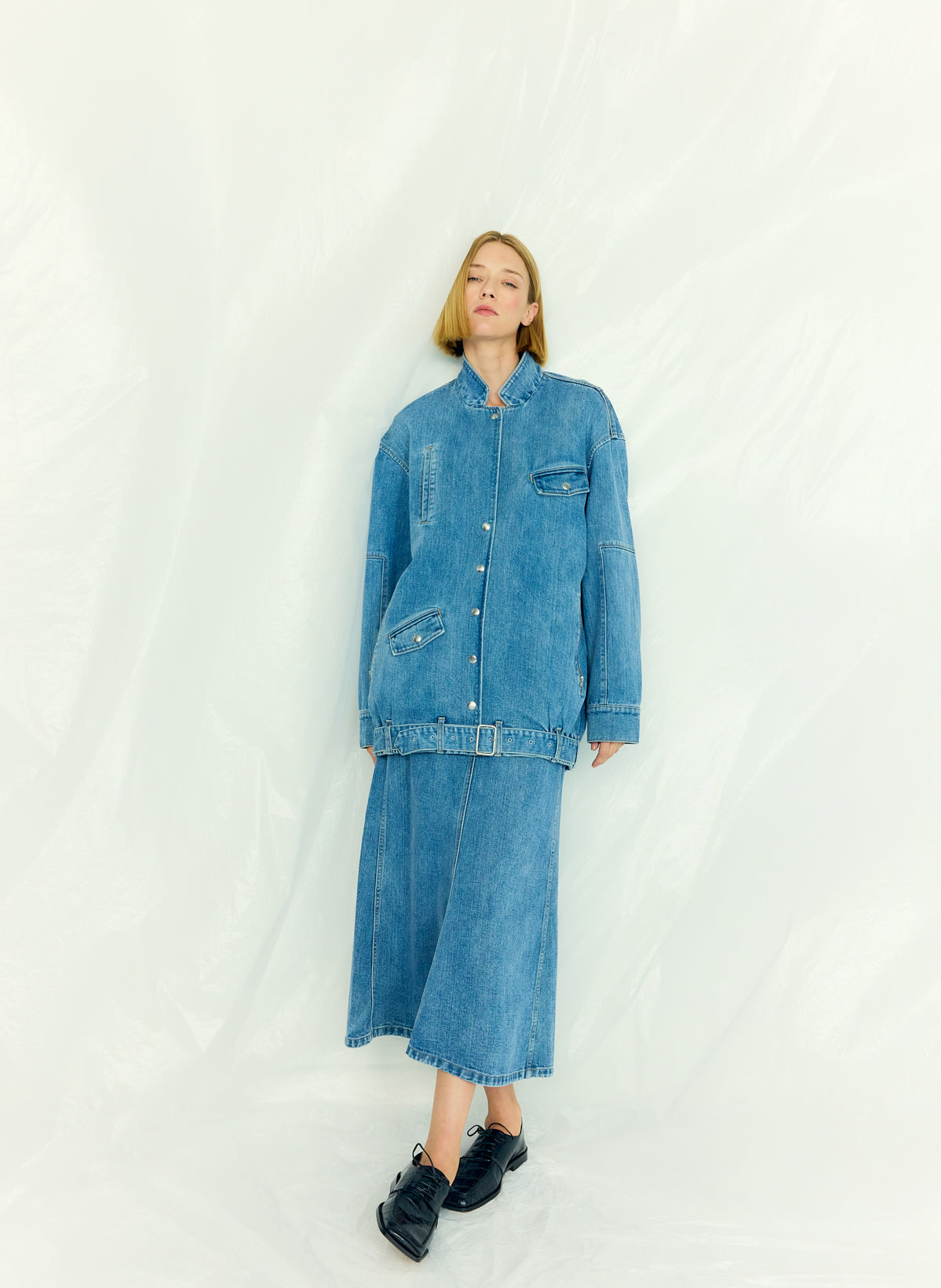 Tibi Classic Denim Sculpted Silke Skirt