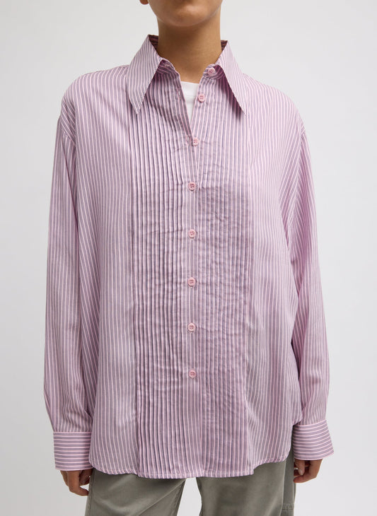 Tibi Ultra Light Silk Tencel Striped Pintucked Shirt
