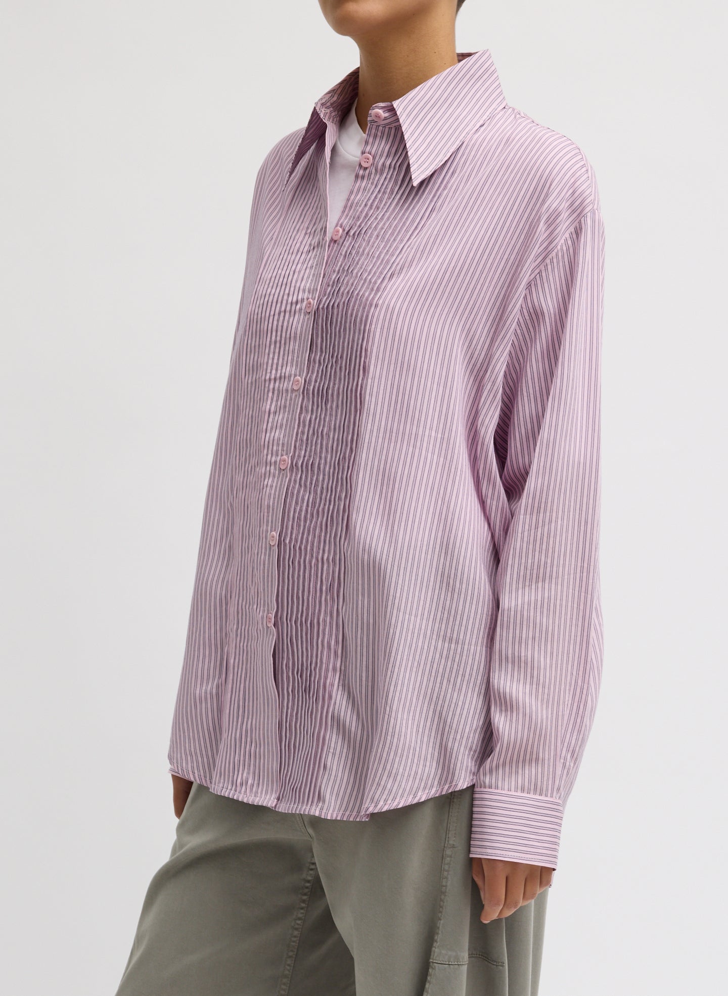 Tibi Ultra Light Silk Tencel Striped Pintucked Shirt