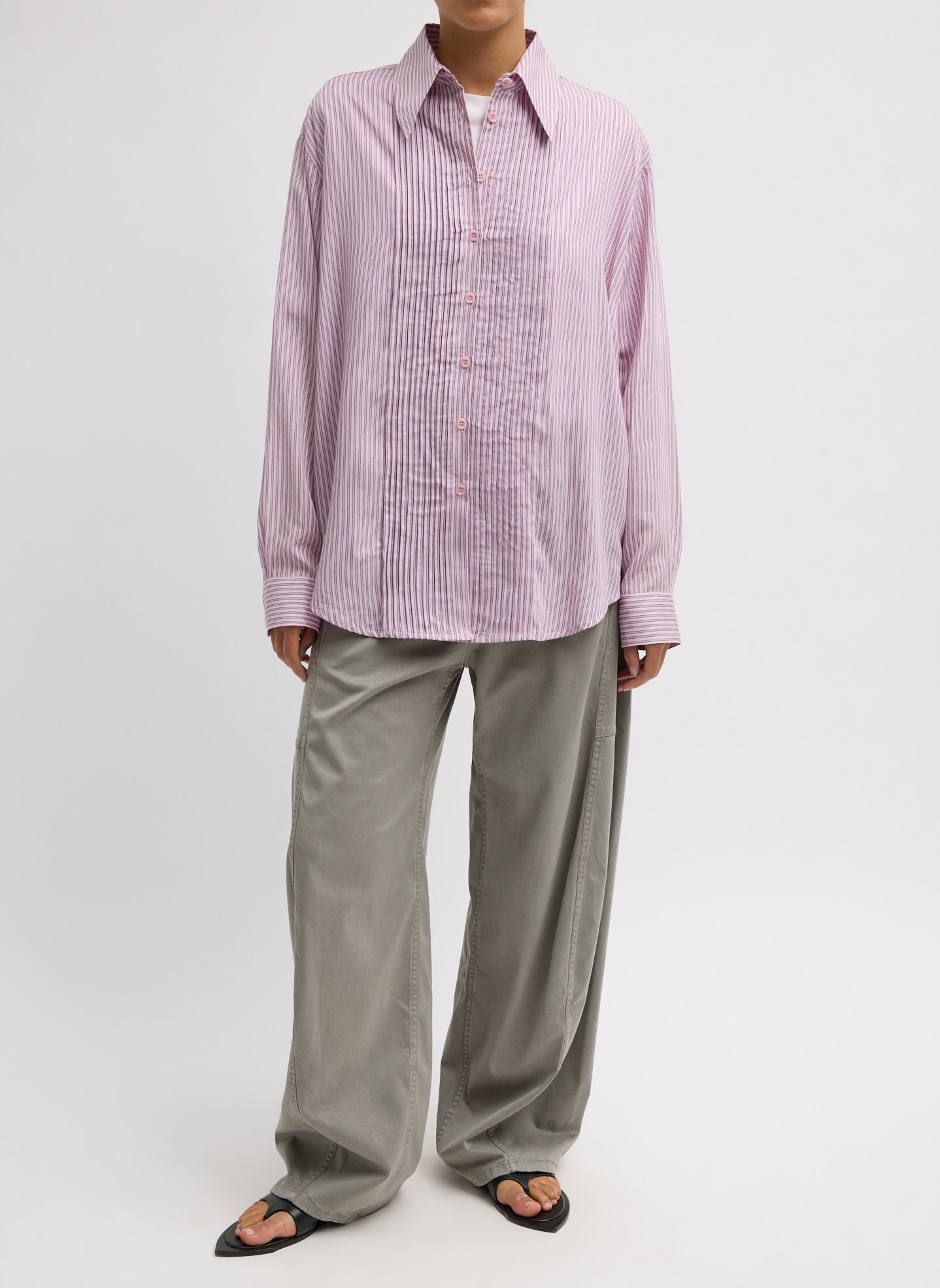 Tibi Ultra Light Silk Tencel Striped Pintucked Shirt