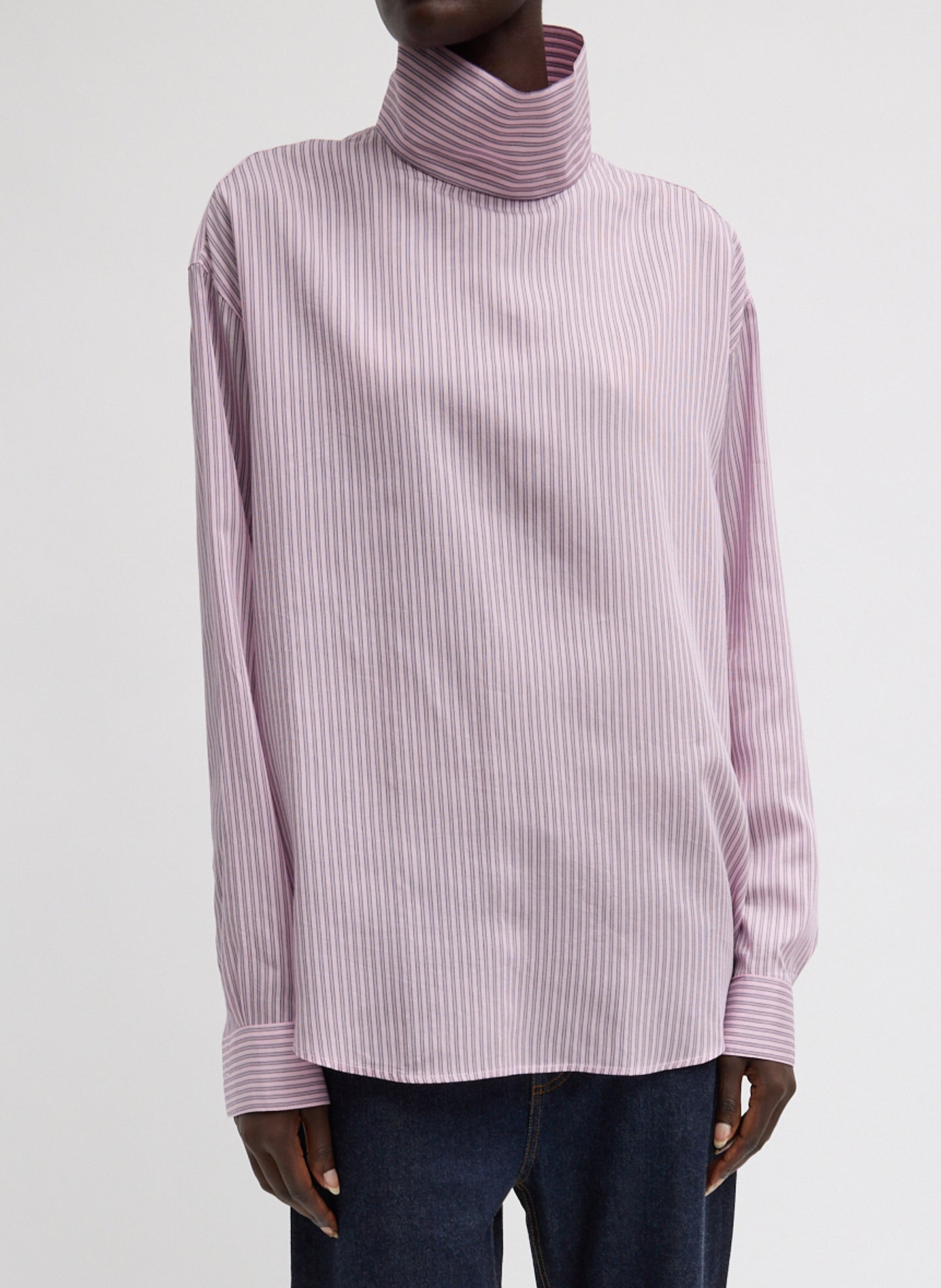 Tibi Ultra Light Silk Tencel Striped Funnel Neck Shirt