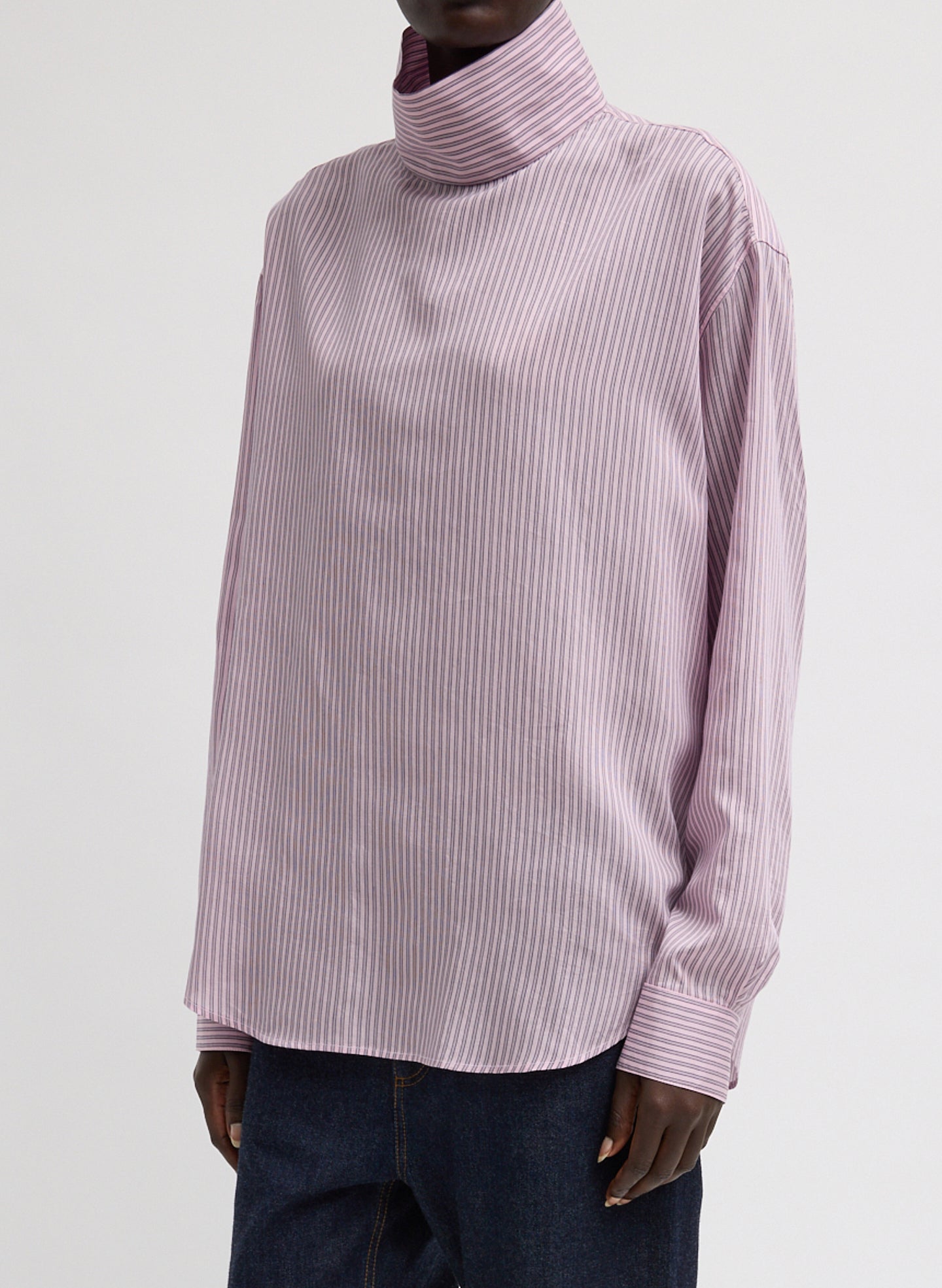 Tibi Ultra Light Silk Tencel Striped Funnel Neck Shirt