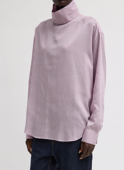 Tibi Ultra Light Silk Tencel Striped Funnel Neck Shirt
