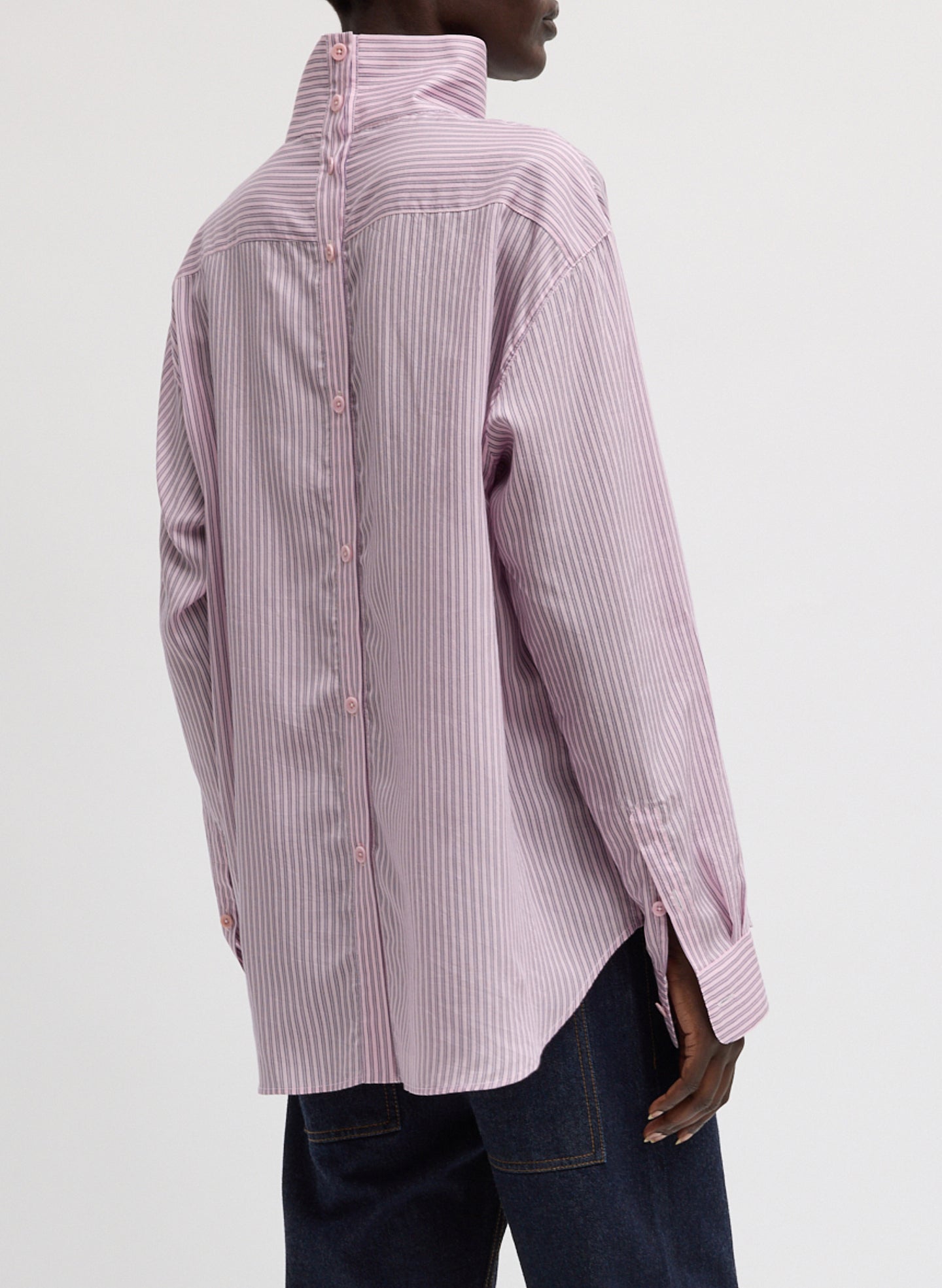 Tibi Ultra Light Silk Tencel Striped Funnel Neck Shirt