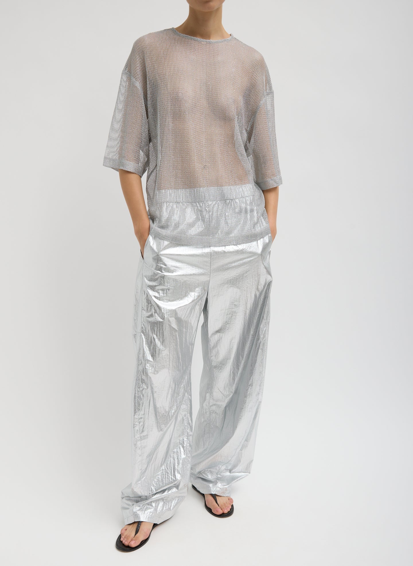Tibi Viscose Metallic Mesh Easy T-Shirt