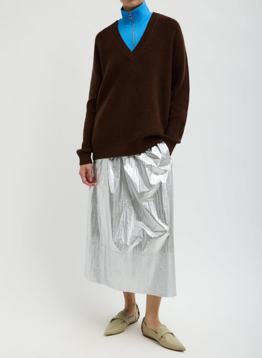 Tibi Silver Metallic Nylon Pull On Full Skirt