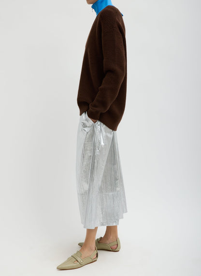 Tibi Silver Metallic Nylon Pull On Full Skirt