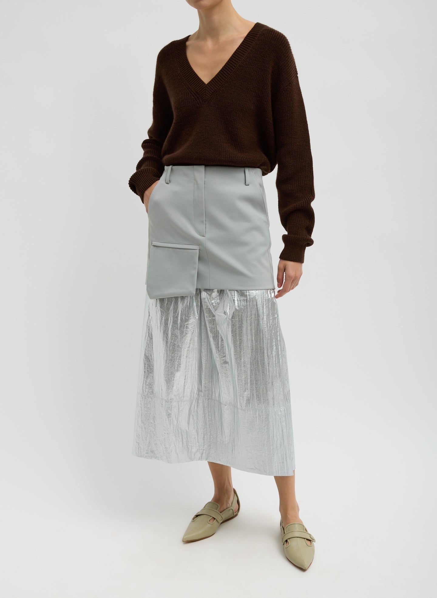 Tibi Silver Metallic Nylon Pull On Full Skirt