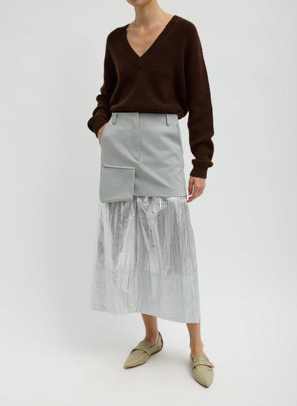 Tibi Silver Metallic Nylon Pull On Full Skirt