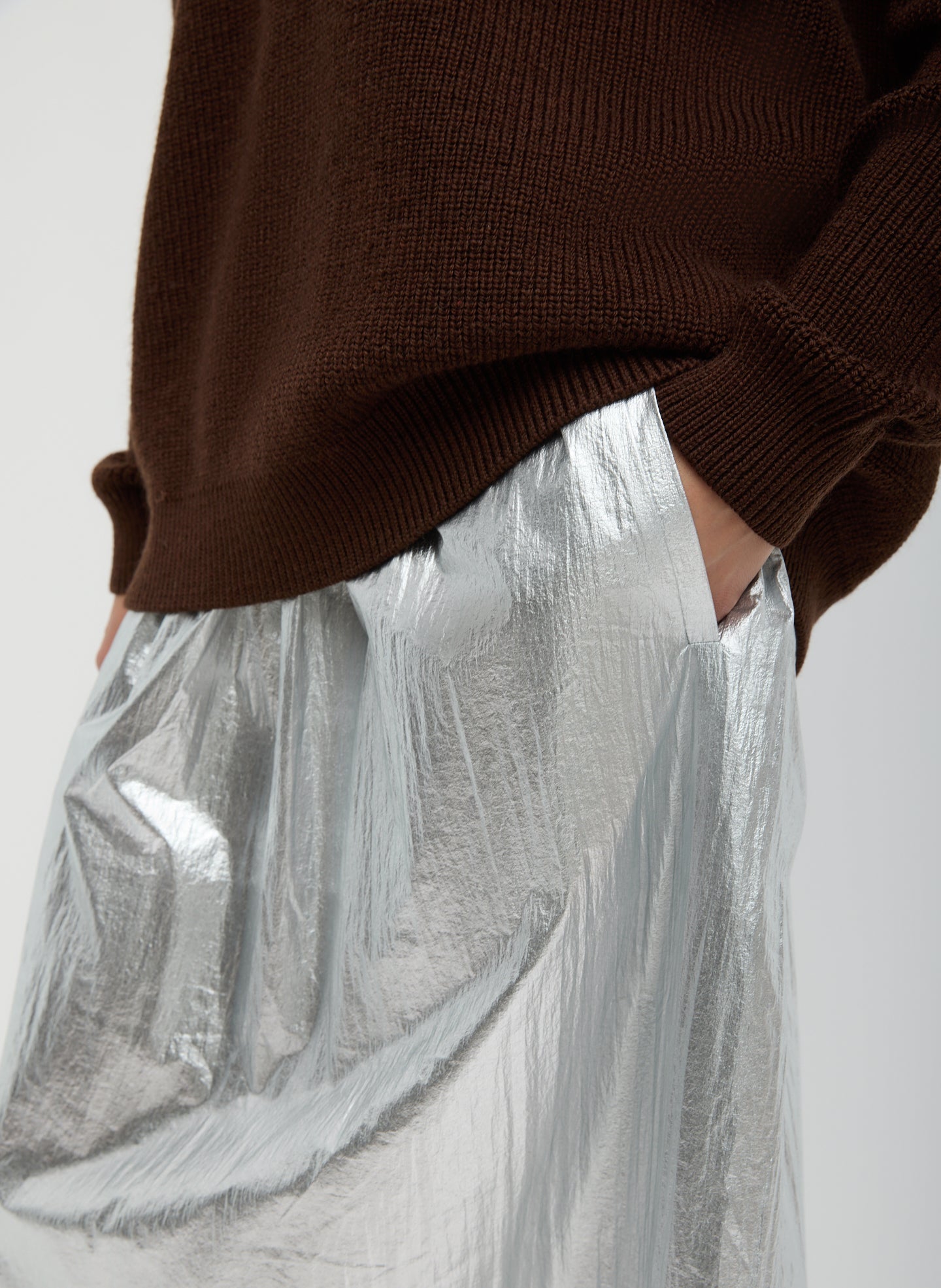 Tibi Silver Metallic Nylon Pull On Full Skirt