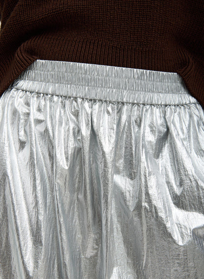 Tibi Silver Metallic Nylon Pull On Full Skirt